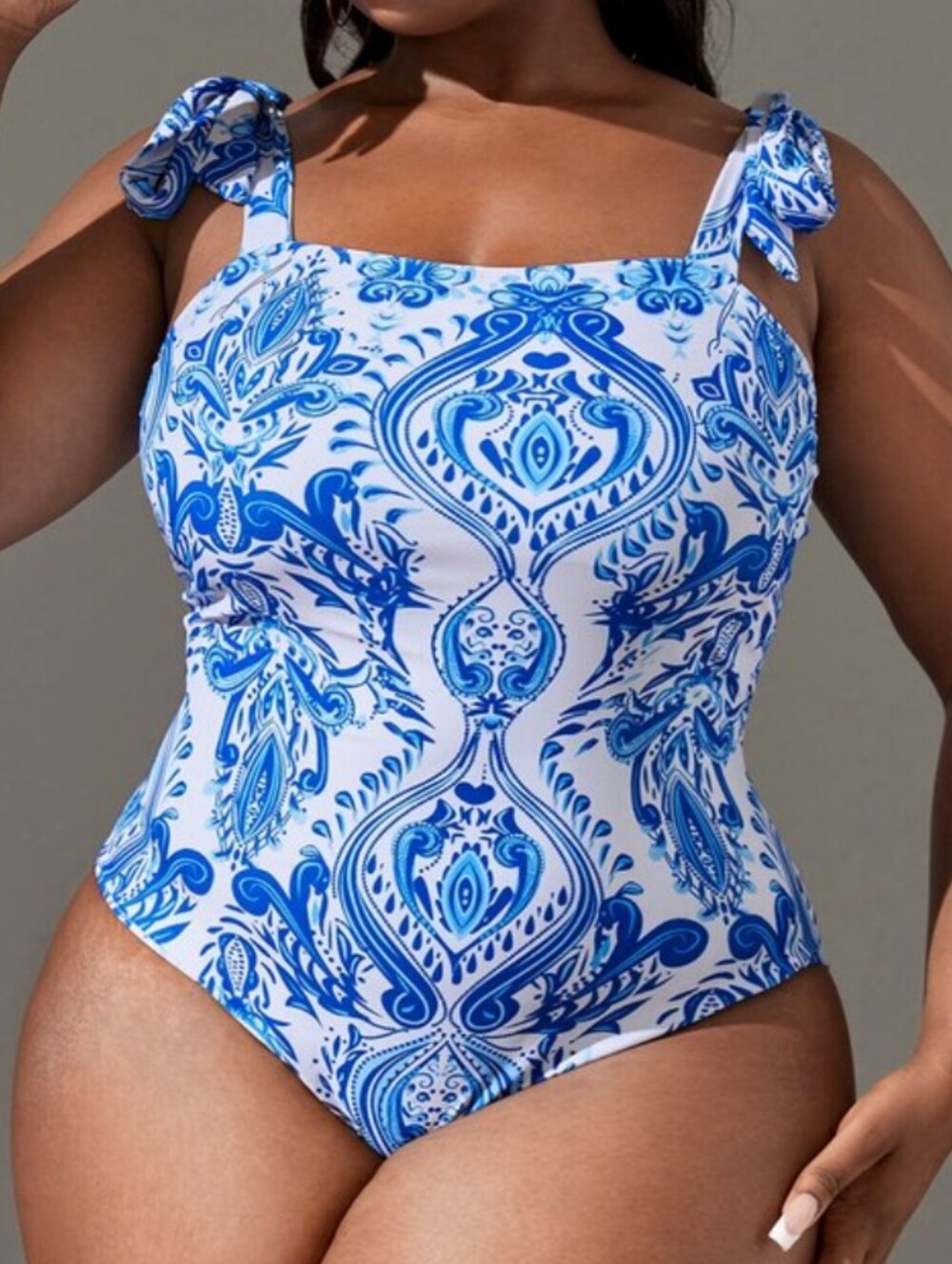 Blue Paisley Tie-Shoulder One-Piece Swimsuit,Large